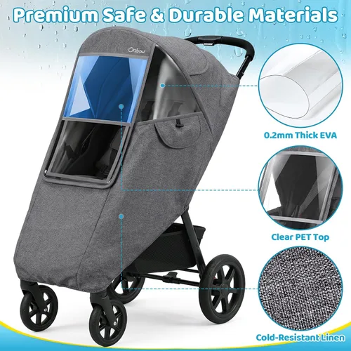 Vista 6 de Clear Stroller Rain Cover, Universal Fit, Side Ventilation, Gray