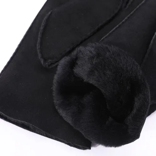 Vista 4 de Harssidanzar Guantes de cuero para hombre, puños de piel de oveja, forro de lana gruesa para invierno, clima frío, guantes de conducción KM043US