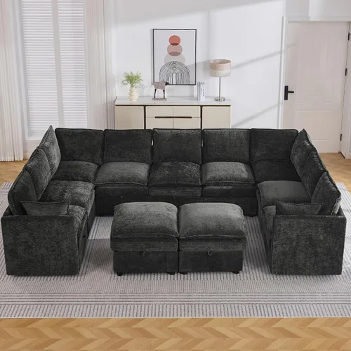 Vista 37 de Otomana cuadrada grande de 27 pulgadas con almacenamiento, reposapiés tapizado moderno con patas antideslizantes para sofá, mesa de café, sala