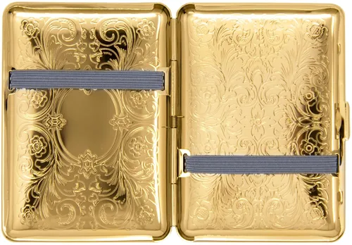 Vista 3 de Juego de 2 cajas de cigarrillos compactas chapadas en metal tamaño King con bandas elásticas (pergamino victoriano dorado)