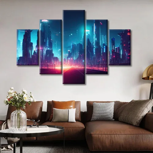 Vista 150 de Cuadros de 5 paneles de Cyberpunk City, arte de pared, representación de vallas publicitarias, edificios modernos en la capital con obras de arte