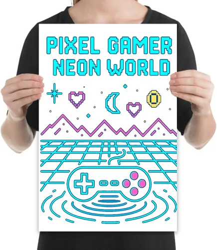 Vista 2 de Electric Color Pixel Mountains Poster - Retro 8-Bit Arcade Wall Art - Gloss Paper Finish - Gaming Room Decor