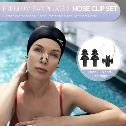 Vista 6 de Long Hair Swim Cap for Women 2 Pack, Silicone Swimming Caps for Unisex Adult Women Men with Ear Plugs & Nose Clip Set, Waterproof Adult Swim Hats