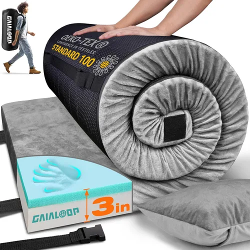 Vista 29 de GAIALOOP Colchón de Espuma Viscoelástica de 3 Pulgadas para Acampar, Almohadilla de Dormir de Doble Capa Gruesa para Coche, Tienda, Cama