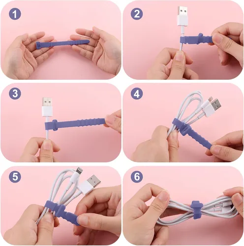 Vista 5 de NQEUEPN 20 bridas reutilizables de silicona púrpura liberables, correas organizadoras de cables, bridas elásticas de gestión de cables