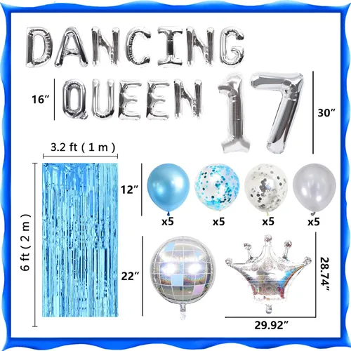 Vista 2 de 37 PIEZAS Bailarina Reina 17 Globos Bailarina Reina Decoraciones de Fiesta Mamma Mia 17 Cumpleaños Decoración Plata Azul 17 Decoración de Cumpleaños