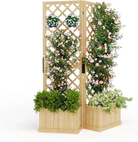 Vista 10 de GarveeLife Paquete de 2 macetas altas de madera con enrejado, cama de jardín elevada de 61.5 pulgadas de alto sobre ruedas, maceta vertical