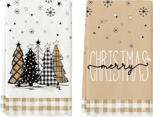 Vista 9 de Artoid Mode Toallas de cocina con estampado de búfalo de Merry Christmas, toallas de cocina de invierno con árboles de Navidad y estrellas, toallas