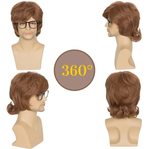 Vista 2 de Miss U Hair - Pelucas cortas onduladas de los años 70 para hombres con lentes de dientes falsos para fiesta de Halloween