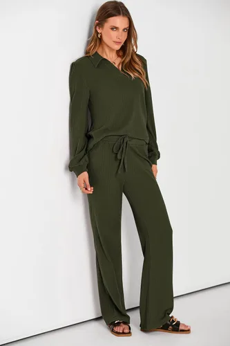 Vista 8 de PRETTYGARDEN Conjunto de dos piezas de ropa de otoño para mujer, manga larga, solapa, cuello en V, blusas, pantalones de pierna ancha, chándal