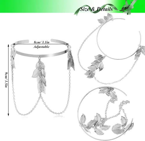 Vista 5 de RechicGu 2 piezas de cadena de plumas de hojas con borlas de pulsera, brazalete de brazo abierto, parte superior abierta, conjunto ajustable