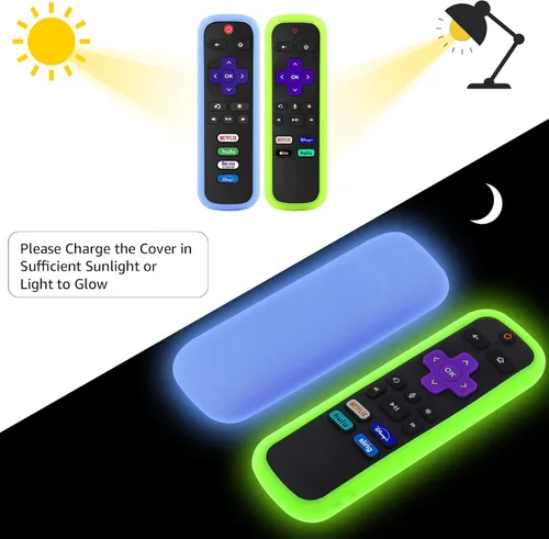 Vista 4 de （2 Pack） ONEBOM Cover for Roku Remote, Silicone Case for Hisense/TCL Roku TV Steaming Stick Express Control, Universal Remote Sleeve Skin（Green Blue
