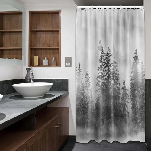 Vista 7 de Cortina de ducha estrecha para hombre, diseño de bosque negro y gris, para casa rodante, juego de decoración de baño, tela impermeable con ganchos
