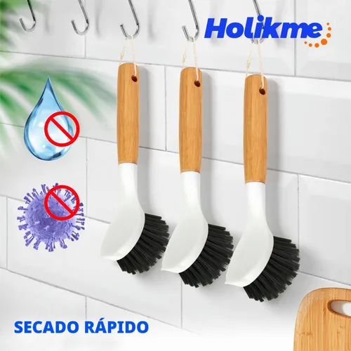 Vista 5 de Holikme Paquete de 3 cepillos para platos con mango de bambú, color negro