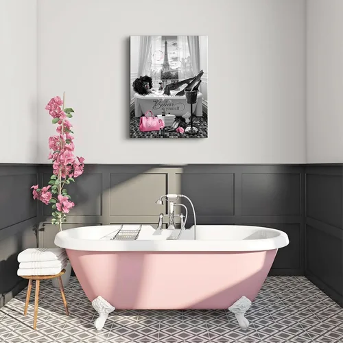 Vista 5 de Arte de pared afroamericano para decoración de baño, arte de pared de niña negra en la bañera, impresiones de lienzo moderno rosa decoración