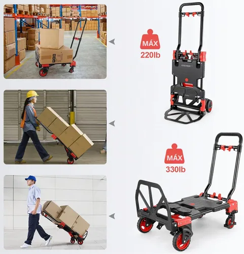 Vista 7 de Carro de mano plegable de 330 libras, de transporte resistente, combinación de cuatro ruedas y dos ruedas convertible carrito Dolly con mango
