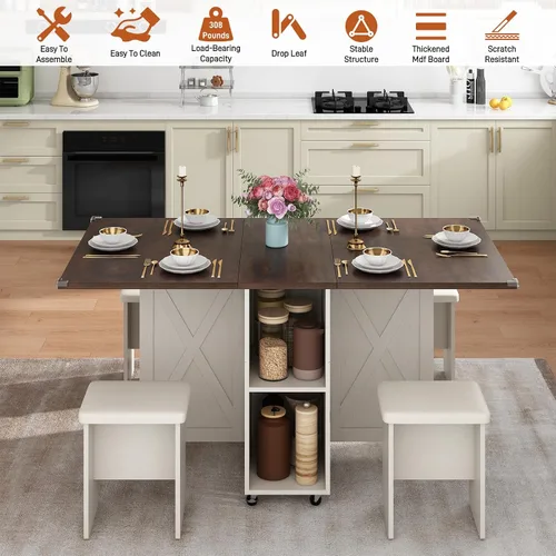 Vista 4 de Juego de mesa de comedor de granja de 5 piezas para 4, mesa plegable grande de 117 cm con 4 sillas de cuero, mesa de cocina plegable con ala