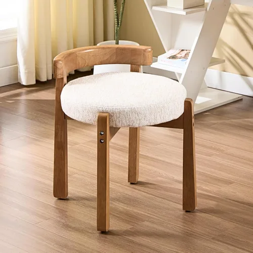Vista 15 de HEAH-YO - Silla de tocador de madera con respaldo, pequeño taburete con reposapiés tapizado en lino, silla de maquillaje de estilo moderno