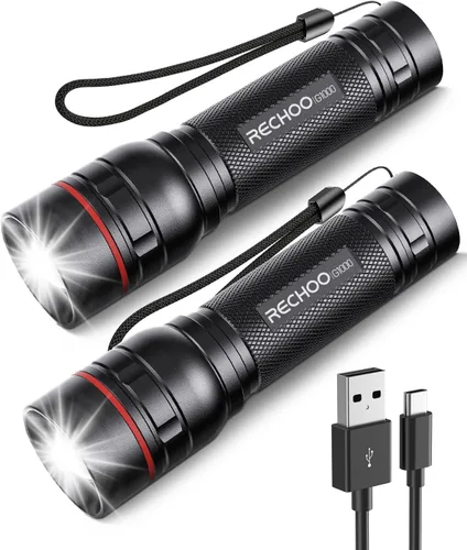Vista 26 de RECHOO Linternas recargables de alta luminosidad, G1000 súper brillante, pequeña linterna LED con zoom y 3 modos de iluminación, linterna táctica