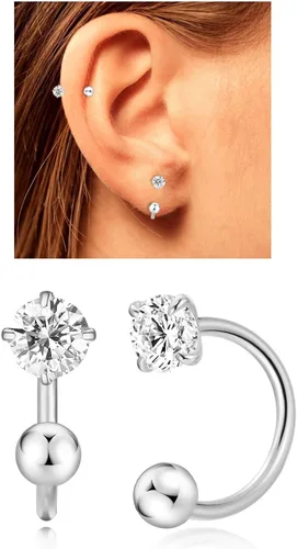 Vista 12 de Aretes Huggie de medio aro para mujeres y niñas, pequeños aretes de cartílago, aretes de botón con piedra natal para mujeres, aretes de botón