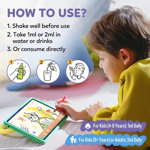 Vista 6 de Glicinato de magnesio líquido para niños, con citrato, manzanilla, L-teanina, omega-3, vitamina B12, D3, zinc, gotas de magnesio para niños