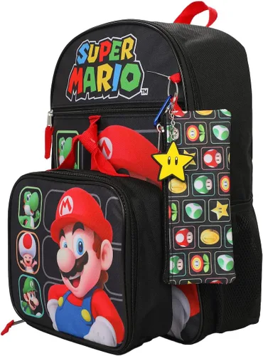 Vista 4 de Super Mario Bros Character Grid - Juego de mochila juvenil de 5 piezas de 16 pulgadas, Negro -, Mochila, simple
