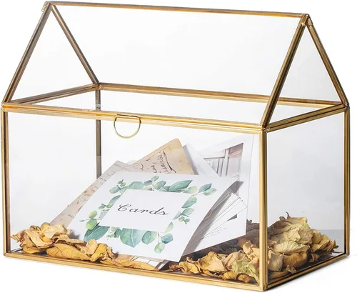 Vista 10 de NCYP - Caja de tarjetas de vidrio con tapa para micro boda, cumpleaños, recepción de fiesta, 10.2 x 5.9 x 8.2 pulgadas, tarjetero con forma de casa