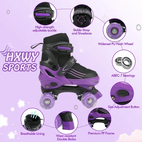 Vista 4 de Patines para niños y niñas, niños principiantes, 4 tamaños ajustables, patines cuádruples para niños y jóvenes, con ruedas iluminadas para deportes