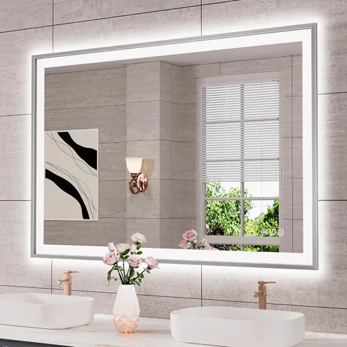 Vista 52 de Espejo de baño LED de 24x28 pulgadas con marco negro, espejos de baño retroiluminados y con luz frontal para pared, antiempañamiento, regulable