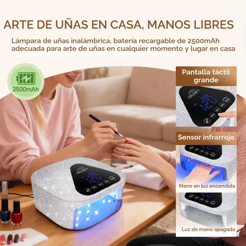 Vista 3 de Lámpara de uñas LED UV con guantes UV, base de espejo de metal magnético, secadora de uñas inalámbrica, luz de curado de esmalte de gel con 4