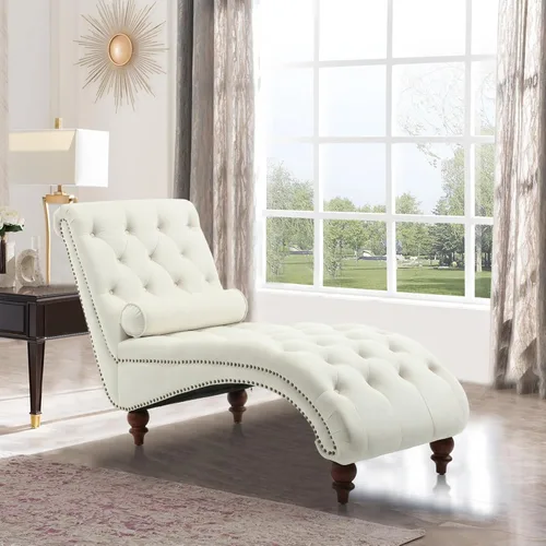 Vista 6 de Tumbona con botones para interiores, tumbona de terciopelo con patas y almohada, respaldo enrollado sin brazos, sofá reclinable para sala de estar