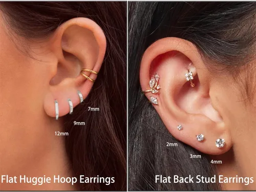 Vista 5 de Juego de aretes para múltiples piercings, 6 pares de aretes de aro pequeños chapados en oro de 14 quilates con parte trasera plana, aretes