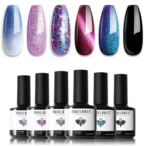 Vista 17 de modelones - Juego de 6 esmaltes en gel con efecto de ojo de gato cristalino, holográfico 9D, brillantina, negro, azul, morado, verde, con imán