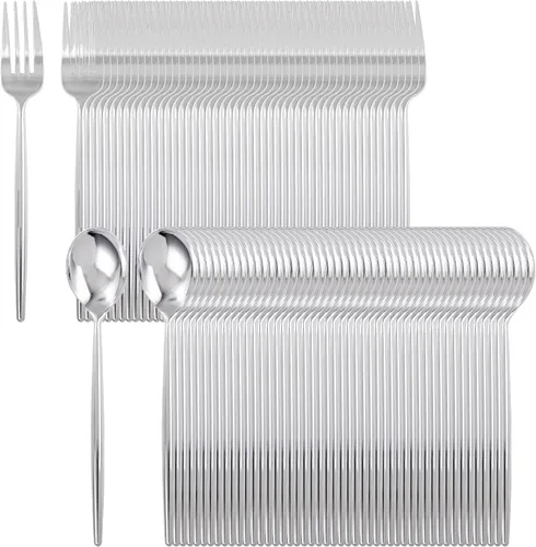 Vista 9 de SUT Juego de 100 piezas de tenedores y cucharas de plástico dorado resistente, cubiertos desechables dorados, cubiertos dorados, utensilios