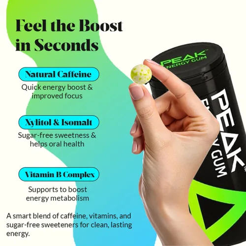 Vista 3 de Peak Energy Gum Caffeinated Chewing Gum - Sugar Free With B Vitamins B3 B5 B6 B12 for Focus and Performance - Caffeinated Energy Boost - Natural