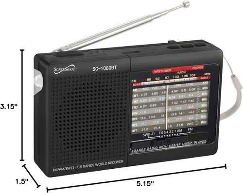 Vista 3 de Supersonic Radio SC-1080BT de 9 bandas con Bluetooth, radio estéreo portátil pequeña multibanda, entrada USB y micro SD, luz de antorcha y batería