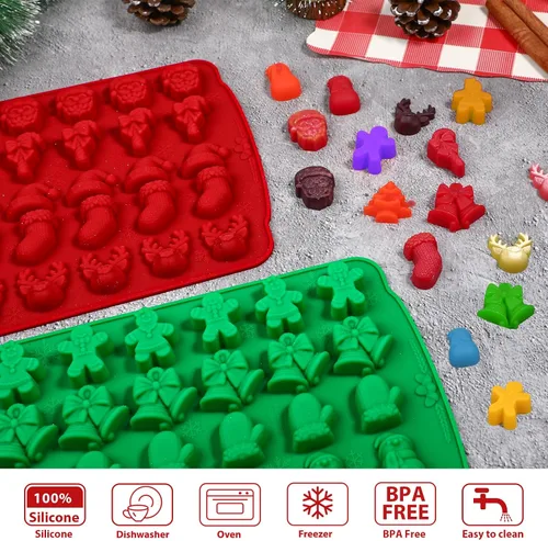 Vista 4 de Moldes de caramelo navideños Kamehame, 2 piezas con 30 cavidades de caramelo navideño en forma de goma, moldes navideños de chocolate de silicona