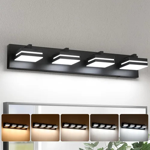 Vista 9 de Joossnwell Luz de Tocador de Baño (4 Luces, 26.77 Pulgadas) Luminarias de Baño Negras Sobre Espejo LED Iluminación Moderna de Tocador Luces de Baño