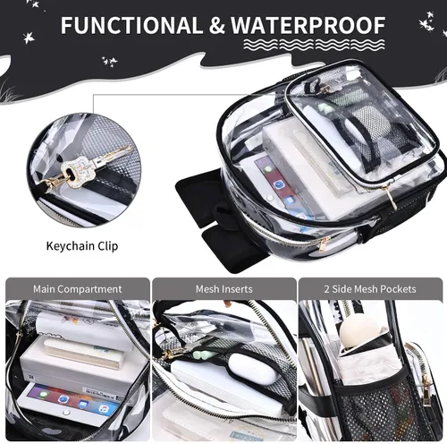 Vista 4 de BYXEPA Mini mochila transparente aprobada para estadios, resistente de 12 x 12 x 6 pulgadas, Negro -, Mochilas Daypack