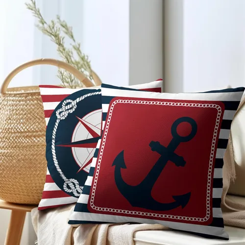 Vista 7 de Fundas de almohada de brújula de ancla, fundas de almohada náuticas para exteriores, fundas de cojín decorativas de rayas azules y blancas, fundas