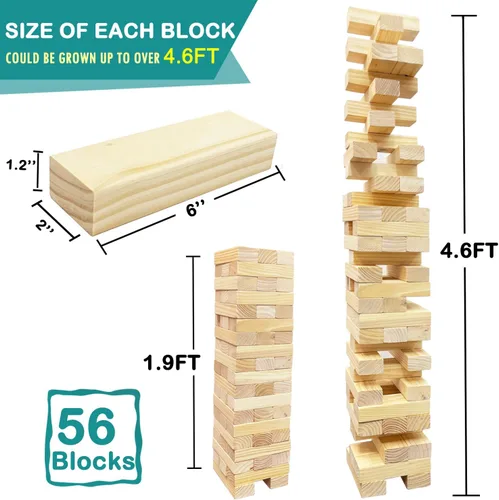Vista 2 de Juego gigante de torre de caída, juegos al aire libre para niños y adultos, juego de torre de bloques de madera para patio (grande-1.87 pies)