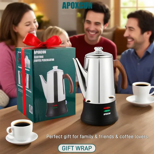 Vista 8 de APOXCON Cafetera eléctrica de acero inoxidable con dos perillas de vidrio resistentes al calor y mango de madera tratada con función de mantener