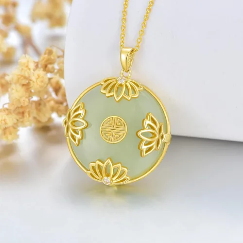 Vista 7 de HPQQ Jade Lotus Necklace for Women 14k Gold Plated Sterling Silver LotusSunflowerRoseMushroom Round Jade Jewelry Anniversary Birthday Gifts for