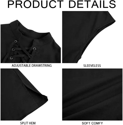 Vista 5 de Camisetas de pirata renacentista para niños, estilo vikingo, medieval, sin mangas, con cordones, de algodón escocés
