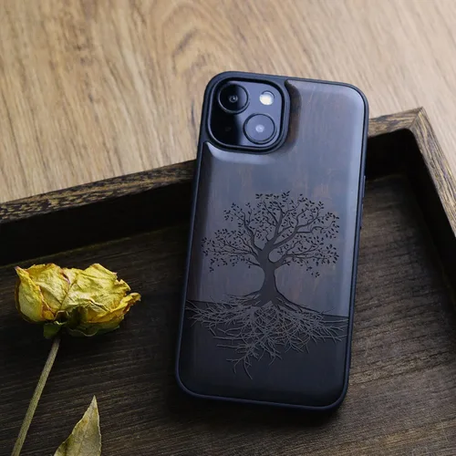 Vista 4 de Carveit Funda magnética de madera para iPhone 13 [madera real dura y TPU suave negro] funda protectora de madera única y elegante a prueba de golpes