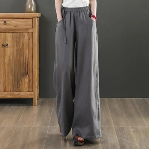 Vista 2 de Pantalones palazzo de talla grande para mujer, pantalones holgados de lino y algodón, pantalones largos para descansar, pantalones holgados