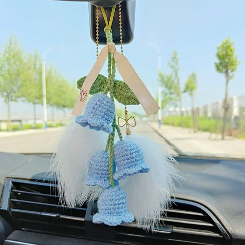 Vista 8 de Surakey Lindo ganchillo colgante Campanula flor de punto Convallaria espejo de coche colgante interior del coche espejo retrovisor de algodón cordón