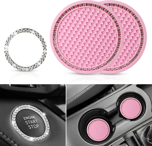 Vista 11 de OUZORP Paquete de 2 posavasos azules para automóvil con botón de arranque y anillo brillante, 1 paquete Posavasos antideslizantes para portavasos