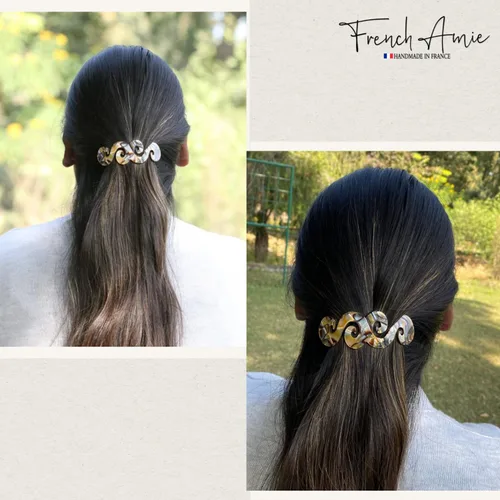 Vista 4 de French Amie Swirls Onyx - Pasador de pelo hecho a mano con cierre de plata para mujeres y niñas, hecho en Francia, 3 pulgadas, color gris plateado