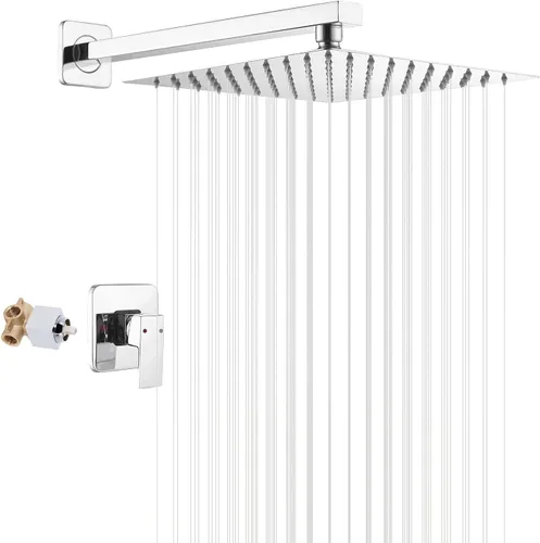 Vista 9 de Grifo de ducha negro mate de una sola función con válvula áspera, sistema de grifo de ducha de lluvia de baño, cabezal de ducha cuadrado de acero